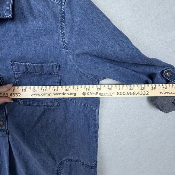 J. Jill Denim Sz S Petite Denim Roll Tab Sleeve Button Up Shirt Dress Pockets - Picture 2 of 4